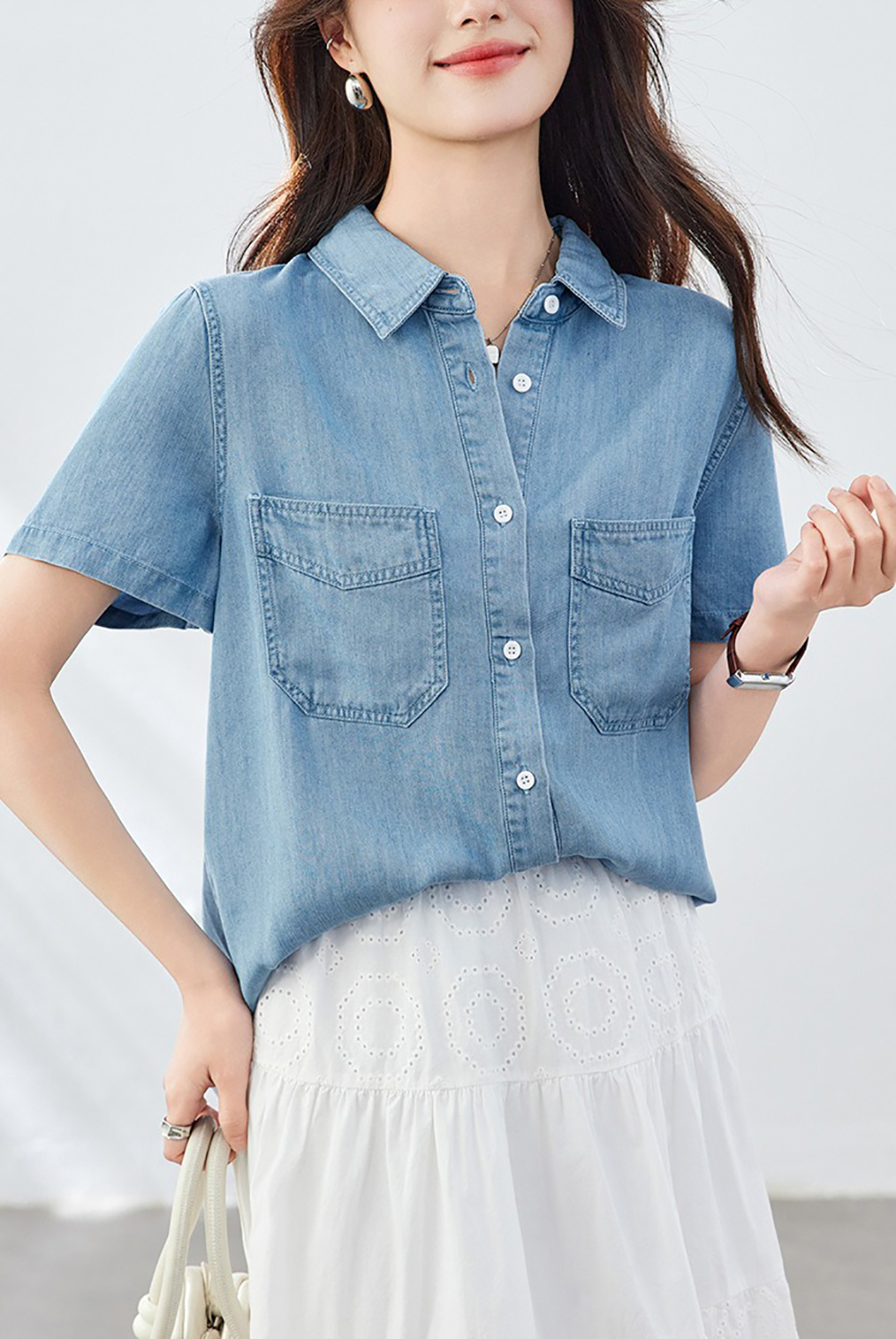 天絲牛仔短袖襯衫,evaviva,8C-HV7520,天絲牛仔短袖襯衫,領500,999免運