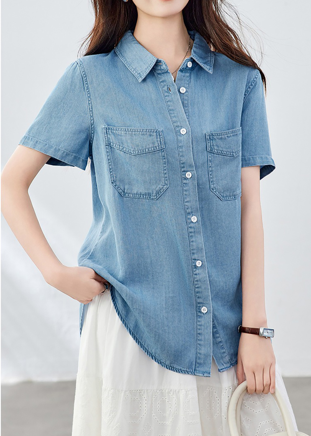 天絲牛仔短袖襯衫,evaviva,8C-HV7520,天絲牛仔短袖襯衫,領500,999免運