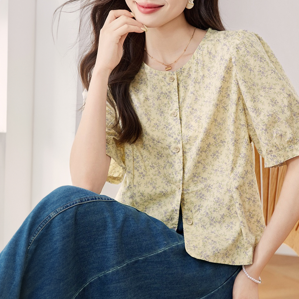 田園風小碎花圓領襯衫