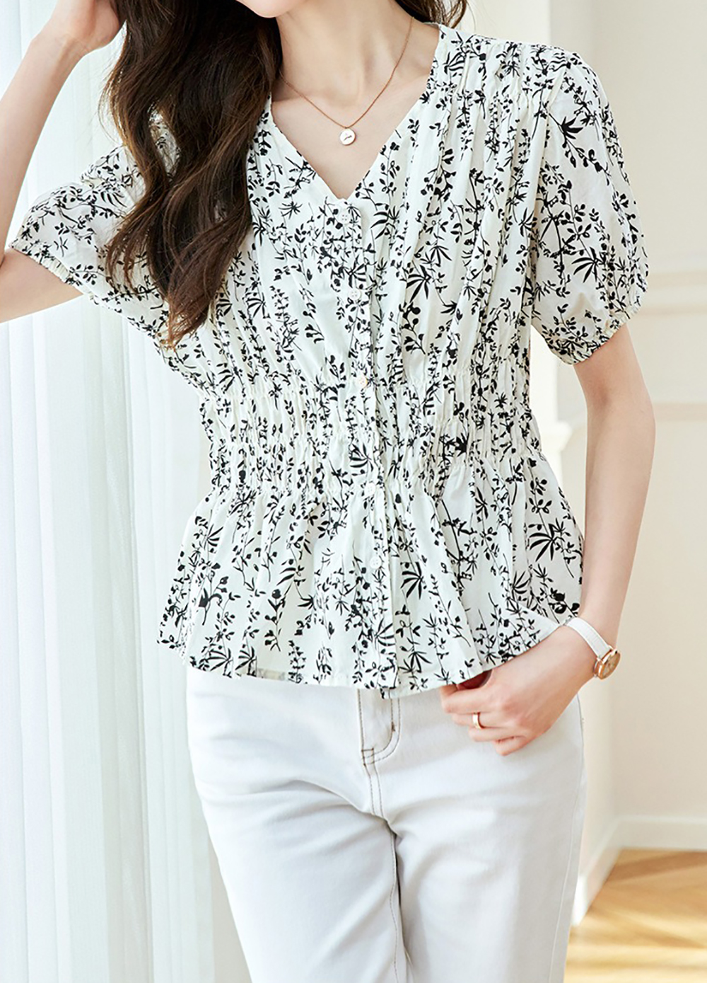 V領收腰印花短袖襯衫,evaviva,8C-HV7522,V領收腰印花短袖襯衫,領500,999免運