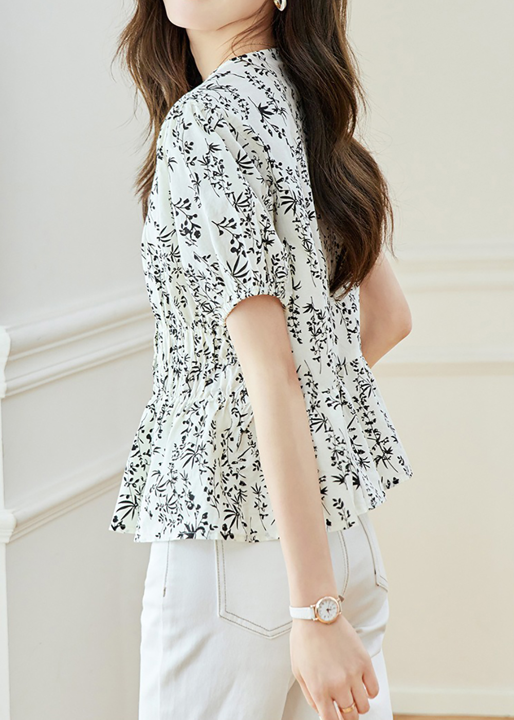 V領收腰印花短袖襯衫,evaviva,8C-HV7522,V領收腰印花短袖襯衫,領500,999免運