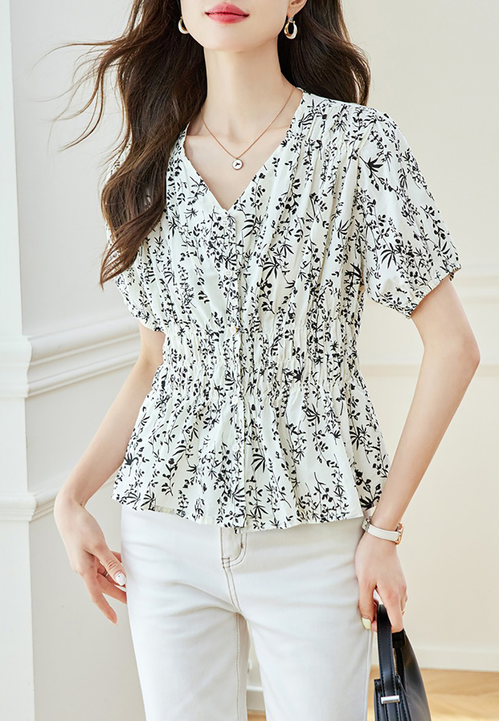 V領收腰印花短袖襯衫,evaviva,8C-HV7522,V領收腰印花短袖襯衫,領500,999免運