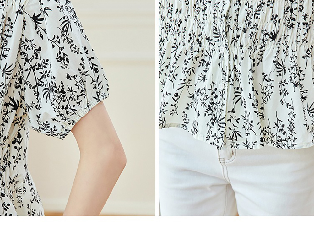 V領收腰印花短袖襯衫,evaviva,8C-HV7522,V領收腰印花短袖襯衫,領500,999免運