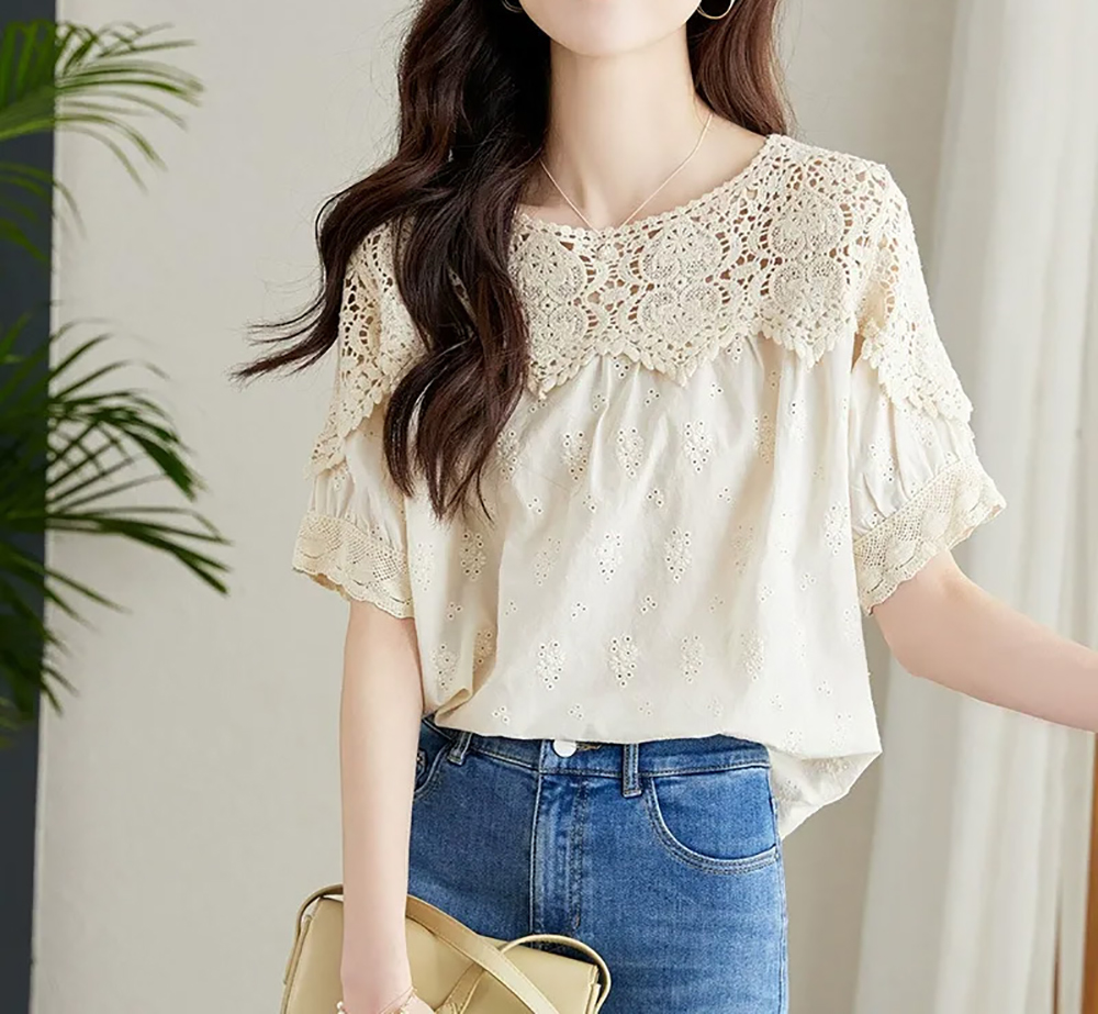 刺繡鏤空蕾絲短袖襯衫,evaviva,8C-HV7523,刺繡鏤空蕾絲短袖襯衫,領500,999免運