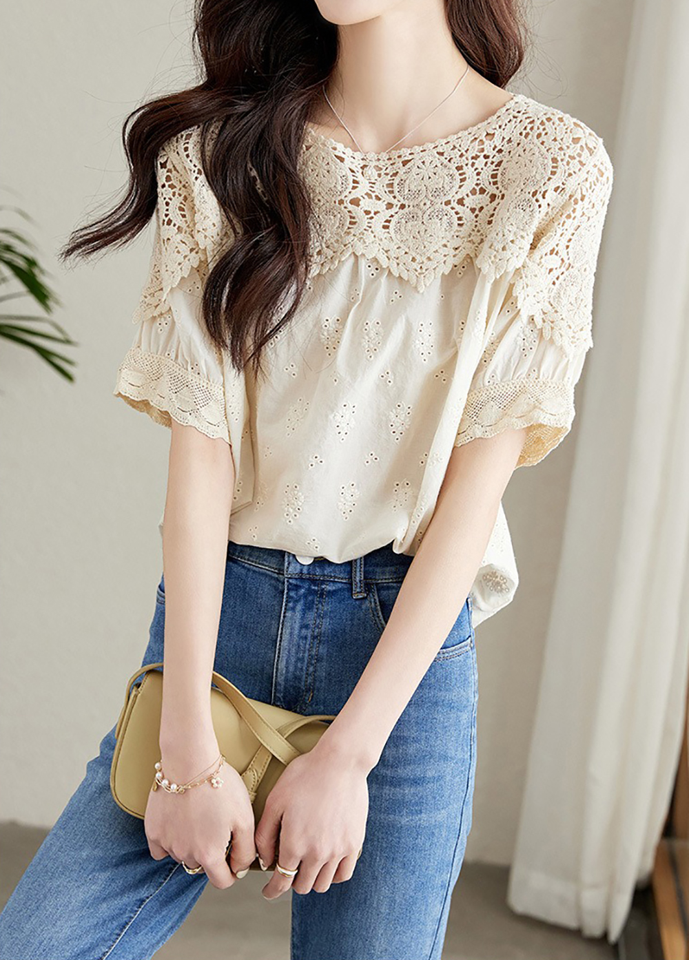 刺繡鏤空蕾絲短袖襯衫,evaviva,8C-HV7523,刺繡鏤空蕾絲短袖襯衫,領500,999免運