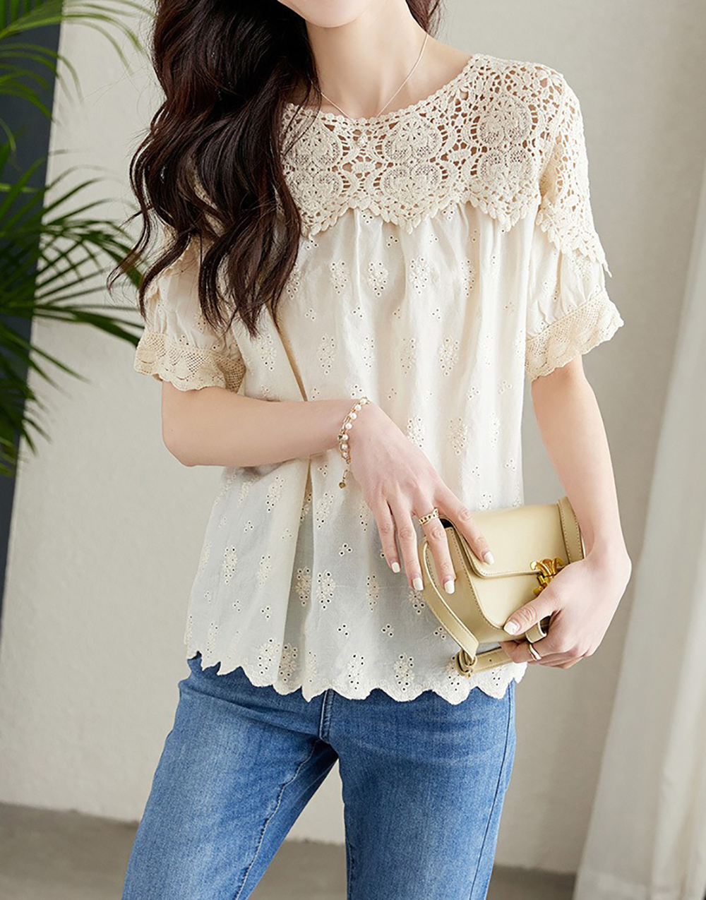 刺繡鏤空蕾絲短袖襯衫,evaviva,8C-HV7523,刺繡鏤空蕾絲短袖襯衫,領500,999免運