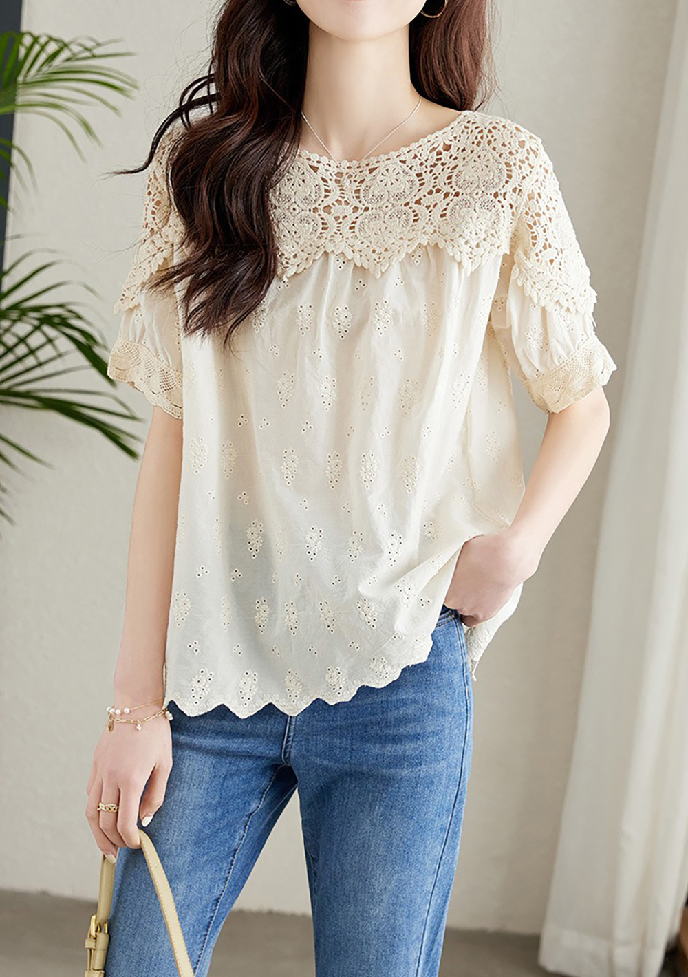 刺繡鏤空蕾絲短袖襯衫,evaviva,8C-HV7523,刺繡鏤空蕾絲短袖襯衫,領500,999免運