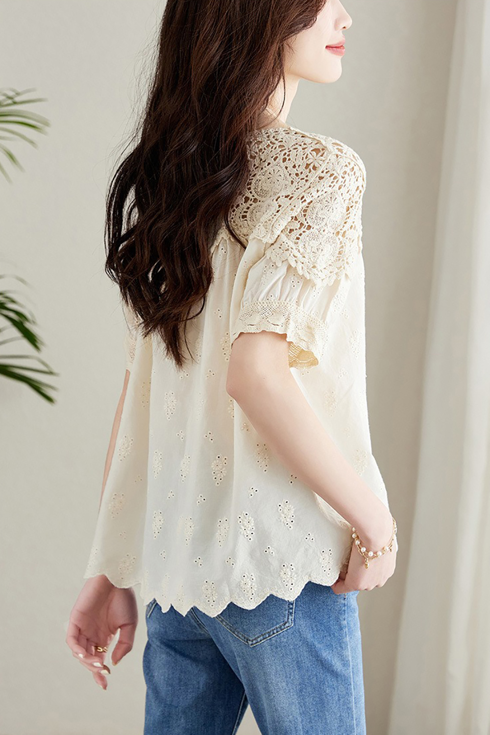 刺繡鏤空蕾絲短袖襯衫,evaviva,8C-HV7523,刺繡鏤空蕾絲短袖襯衫,領500,999免運