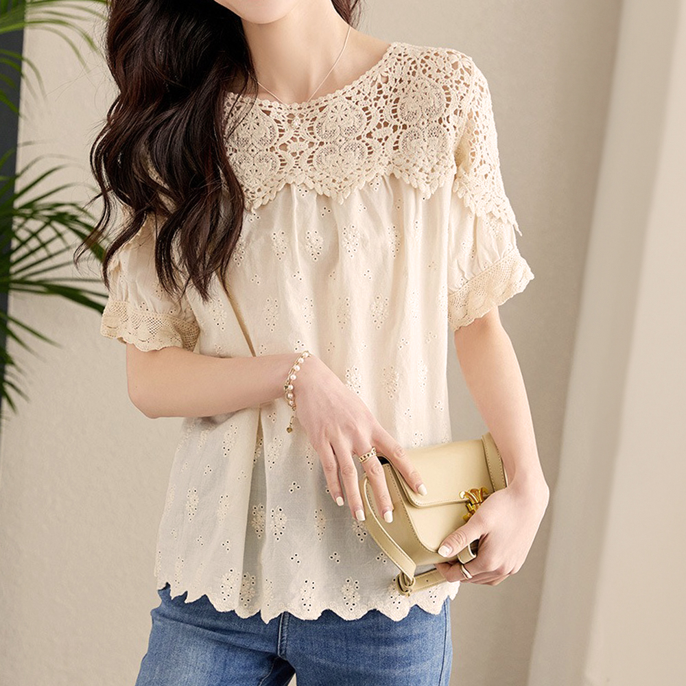 刺繡鏤空蕾絲短袖襯衫