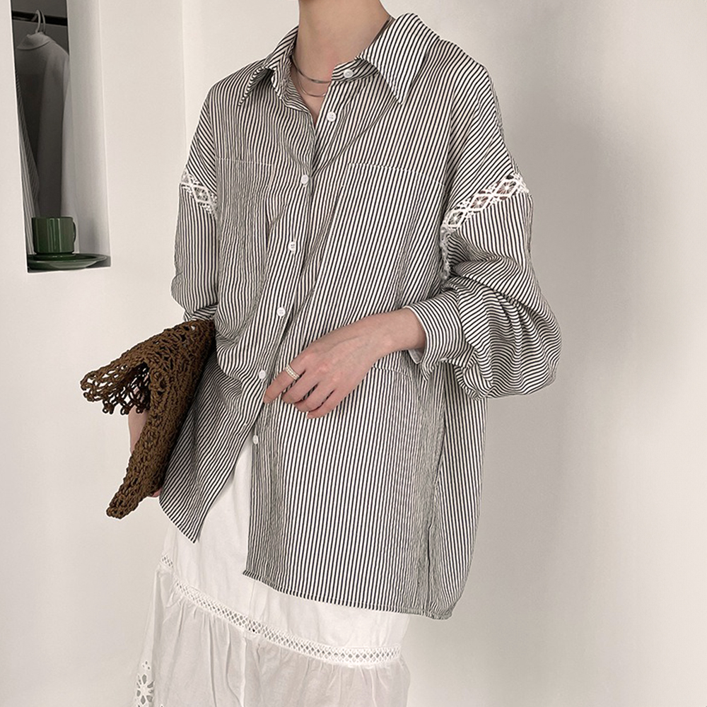 鏤空蕾絲條紋天絲襯衫