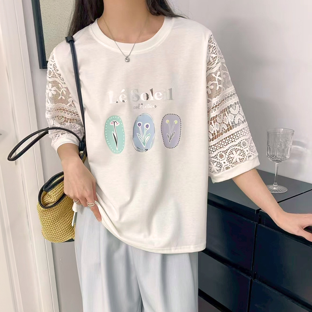 鏤空雕花袖燙印上衣