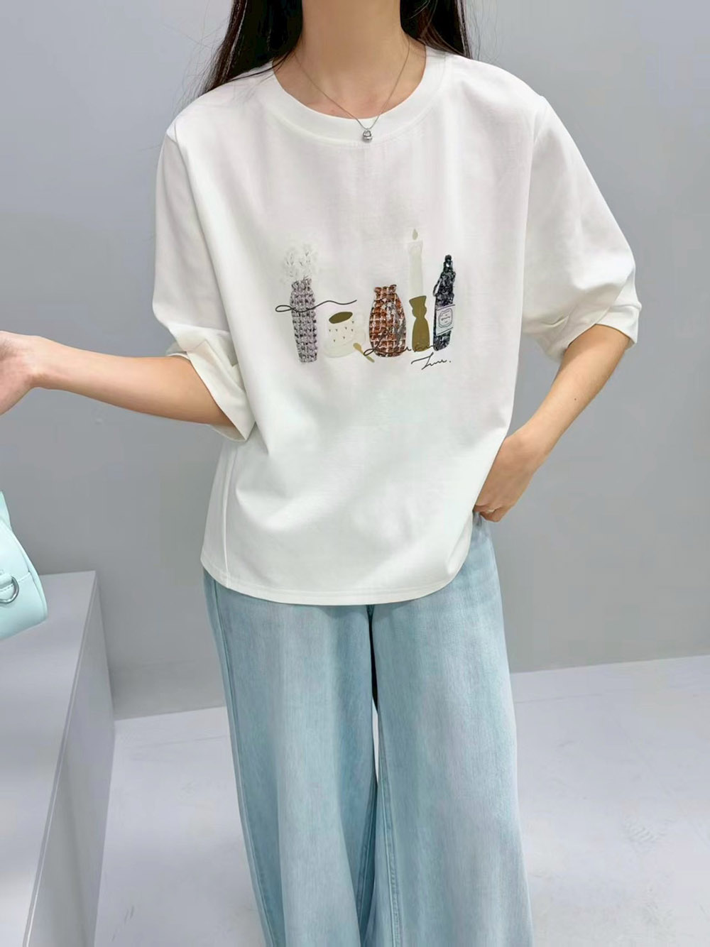 小香風拼接插畫感上衣,evaviva,99-AL7509,小香風拼接插畫感上衣,領500,999免運