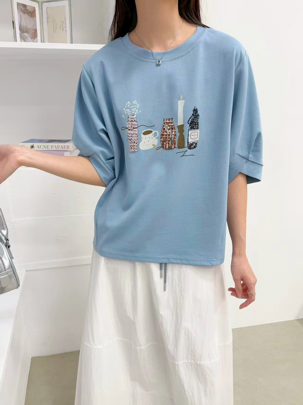 小香風拼接插畫感上衣,evaviva,99-AL7509,小香風拼接插畫感上衣,領500,999免運