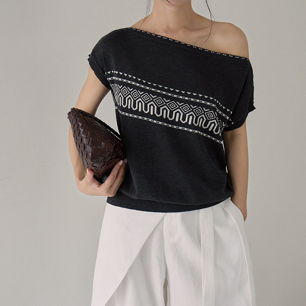 緹花紋露肩針織上衣