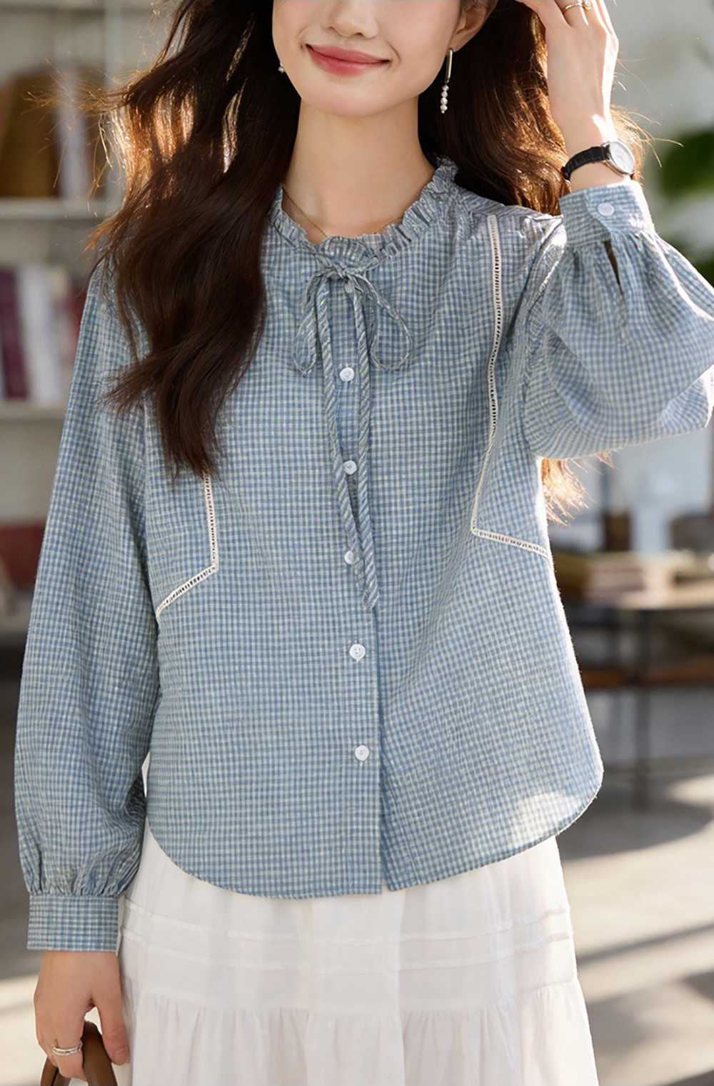 蝴蝶結木耳領格子襯衫,evaviva,8C-HV7538,蝴蝶結木耳領格子襯衫,領500,999免運