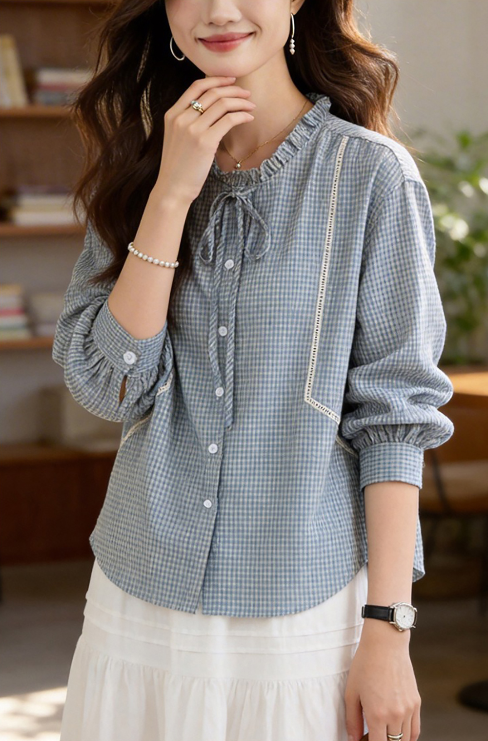 蝴蝶結木耳領格子襯衫,evaviva,8C-HV7538,蝴蝶結木耳領格子襯衫,領500,999免運