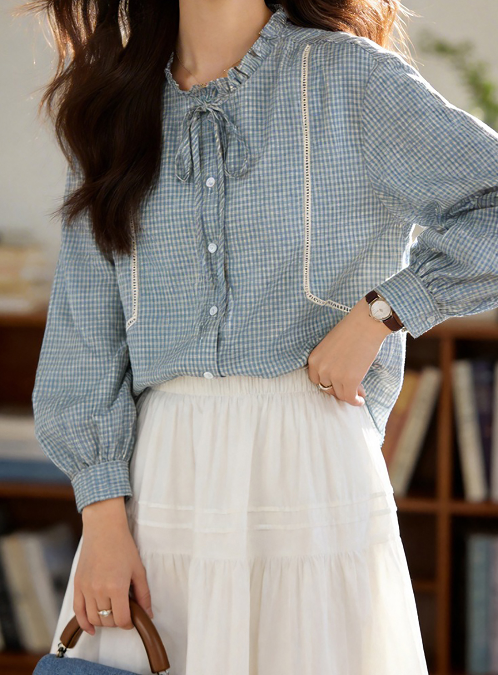 蝴蝶結木耳領格子襯衫,evaviva,8C-HV7538,蝴蝶結木耳領格子襯衫,領500,999免運