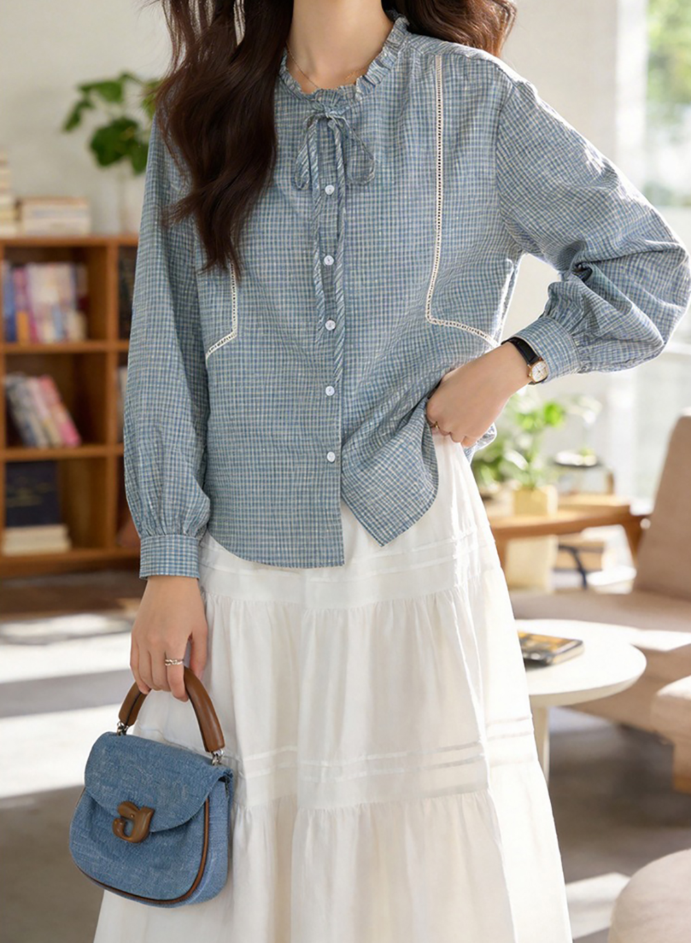 蝴蝶結木耳領格子襯衫,evaviva,8C-HV7538,蝴蝶結木耳領格子襯衫,領500,999免運