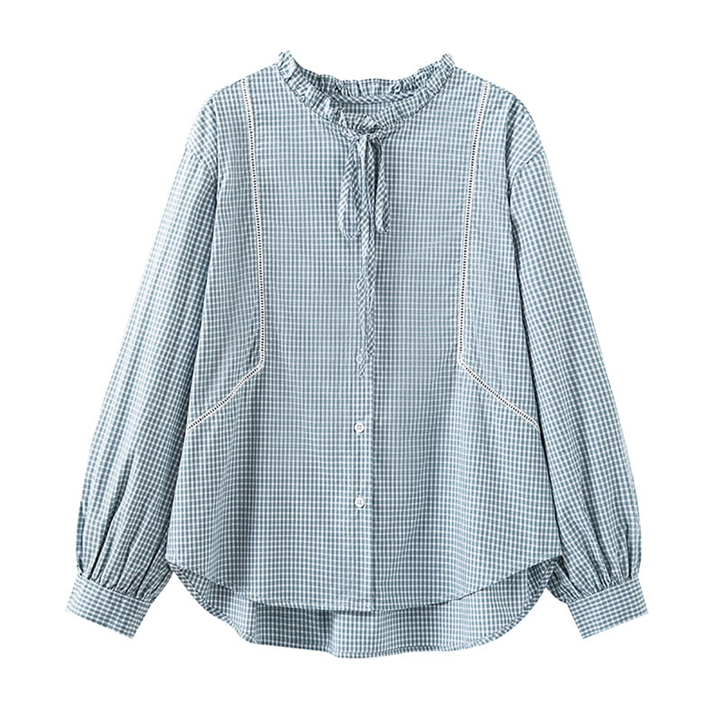 蝴蝶結木耳領格子襯衫,evaviva,8C-HV7538,蝴蝶結木耳領格子襯衫,領500,999免運