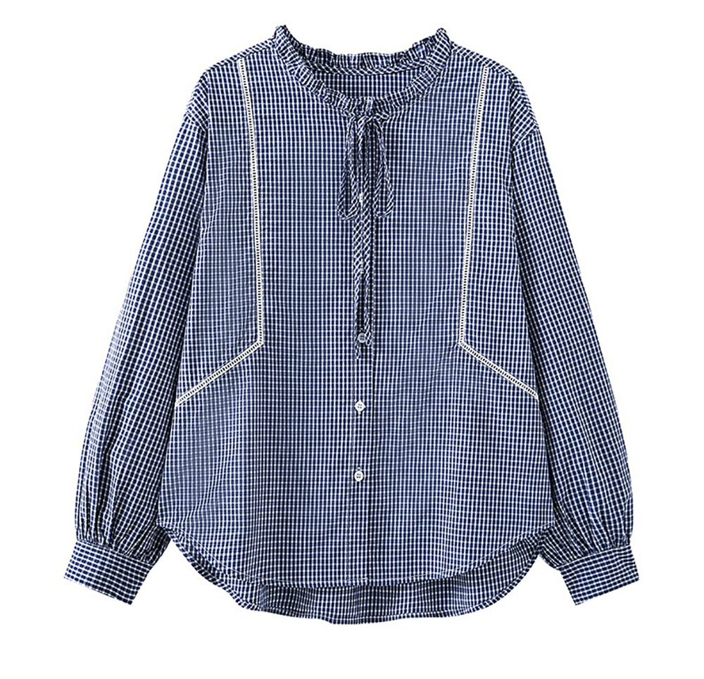 蝴蝶結木耳領格子襯衫,evaviva,8C-HV7538,蝴蝶結木耳領格子襯衫,領500,999免運