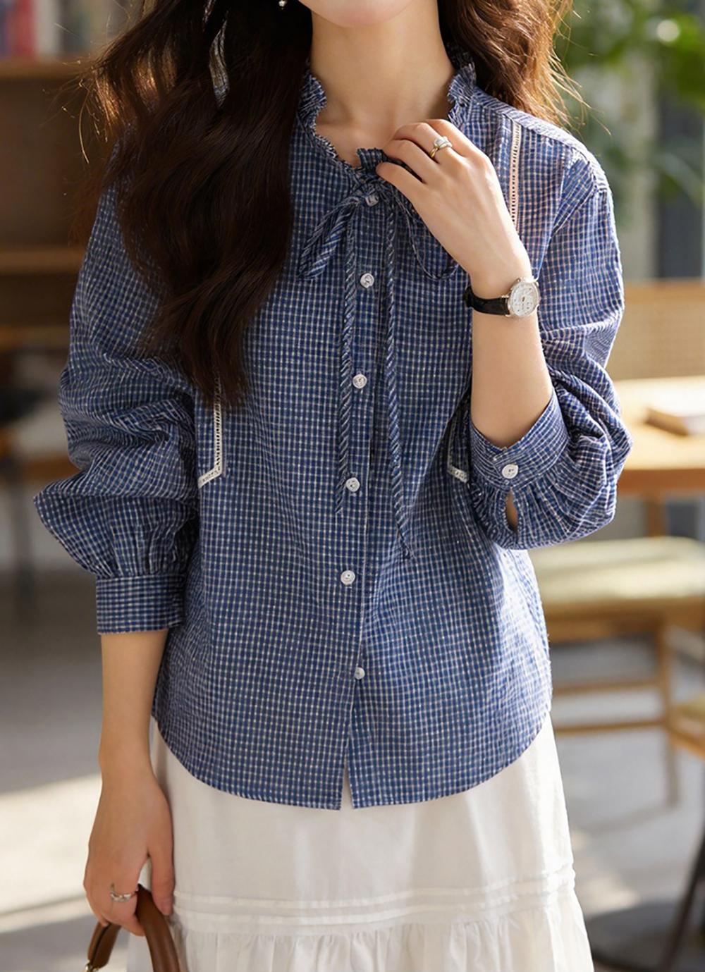 蝴蝶結木耳領格子襯衫,evaviva,8C-HV7538,蝴蝶結木耳領格子襯衫,領500,999免運