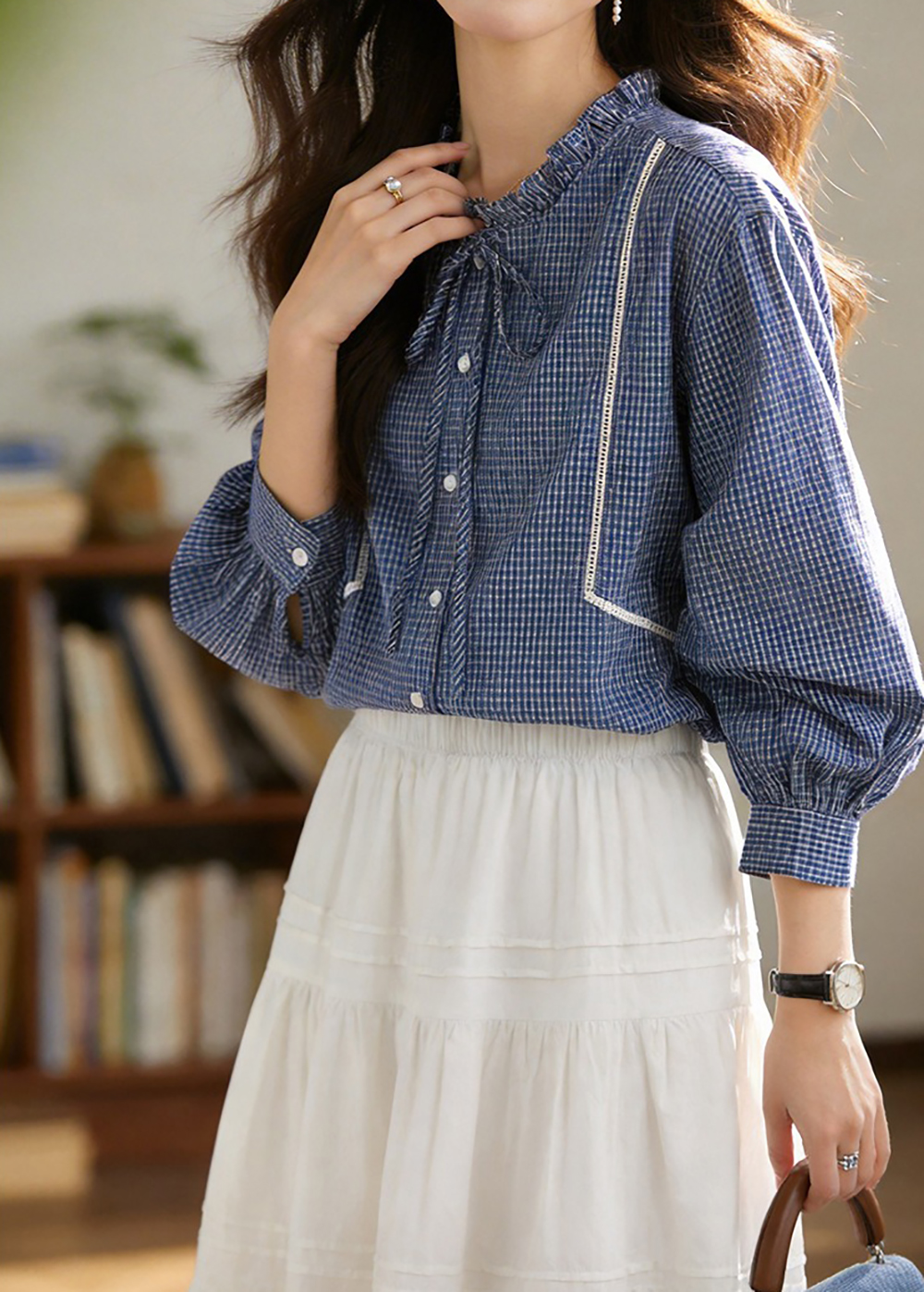 蝴蝶結木耳領格子襯衫,evaviva,8C-HV7538,蝴蝶結木耳領格子襯衫,領500,999免運