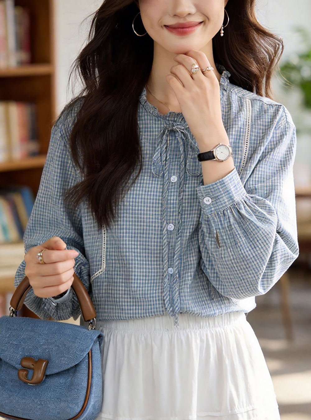 蝴蝶結木耳領格子襯衫,evaviva,8C-HV7538,蝴蝶結木耳領格子襯衫,領500,999免運