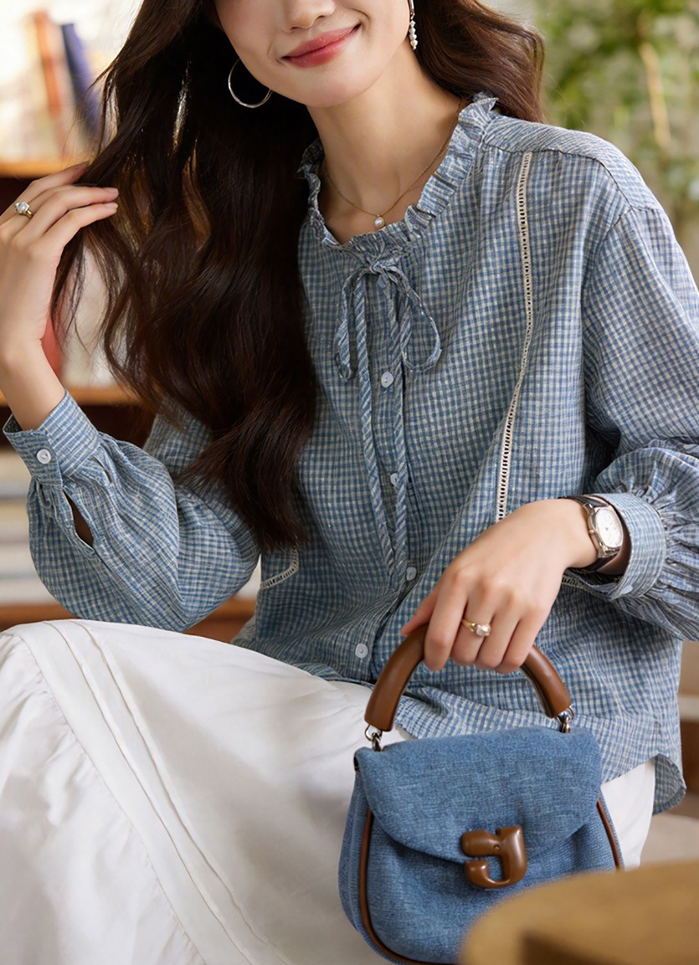 蝴蝶結木耳領格子襯衫,evaviva,8C-HV7538,蝴蝶結木耳領格子襯衫,領500,999免運