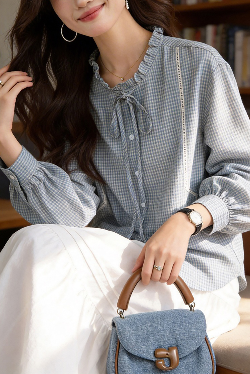 蝴蝶結木耳領格子襯衫,evaviva,8C-HV7538,蝴蝶結木耳領格子襯衫,領500,999免運
