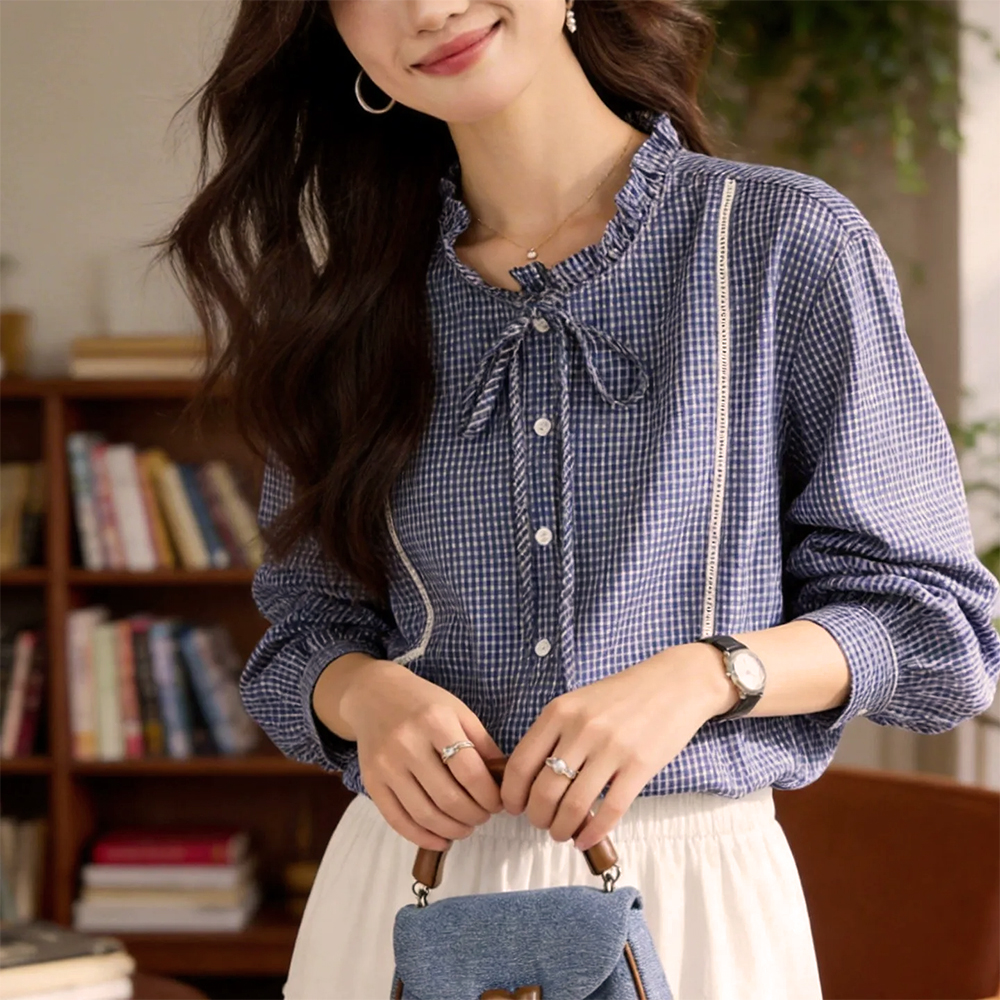 蝴蝶結木耳領格子襯衫