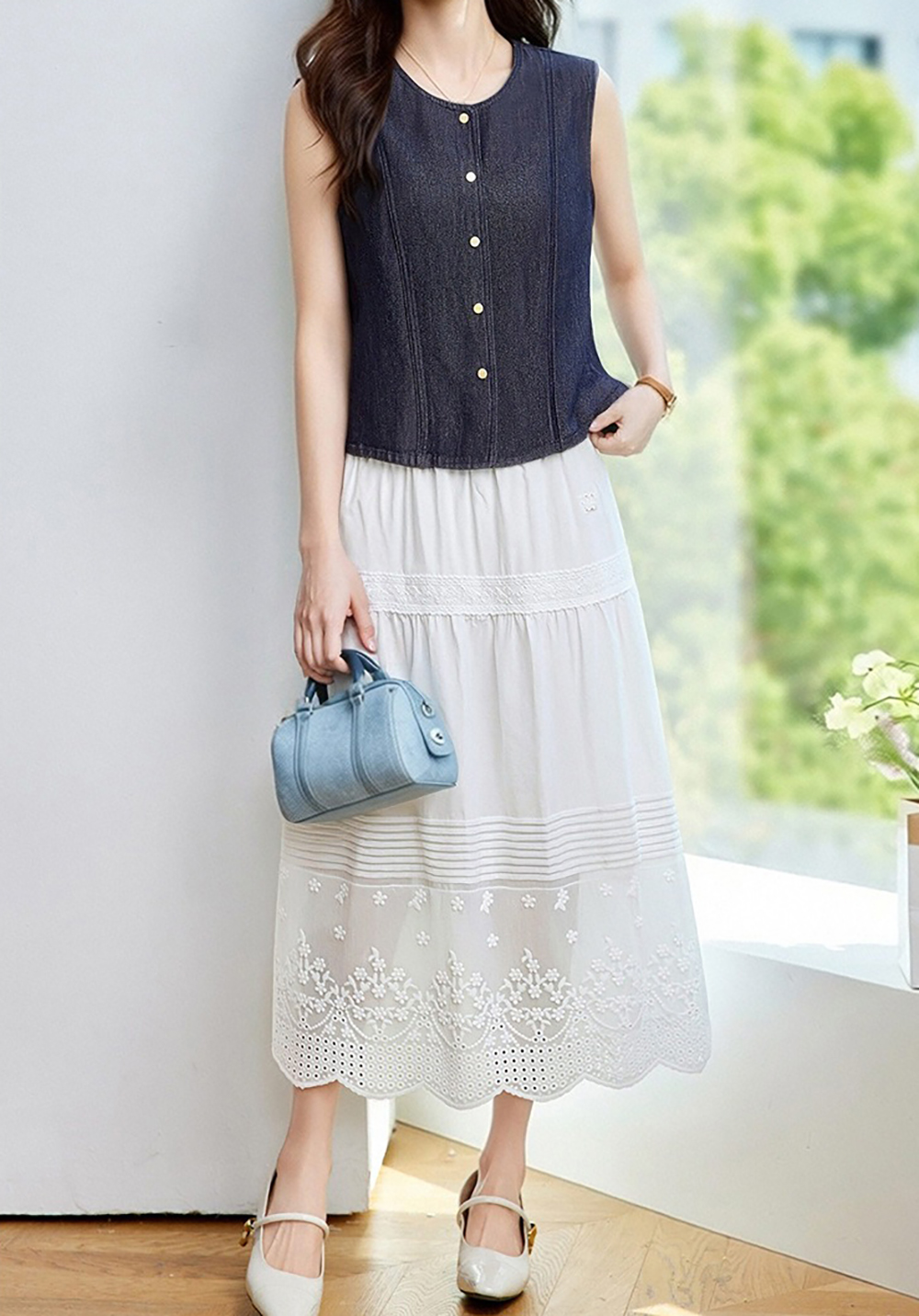 牛仔藍圓領背心外套,evaviva,8C-HV7541,牛仔藍圓領背心外套,領500,999免運