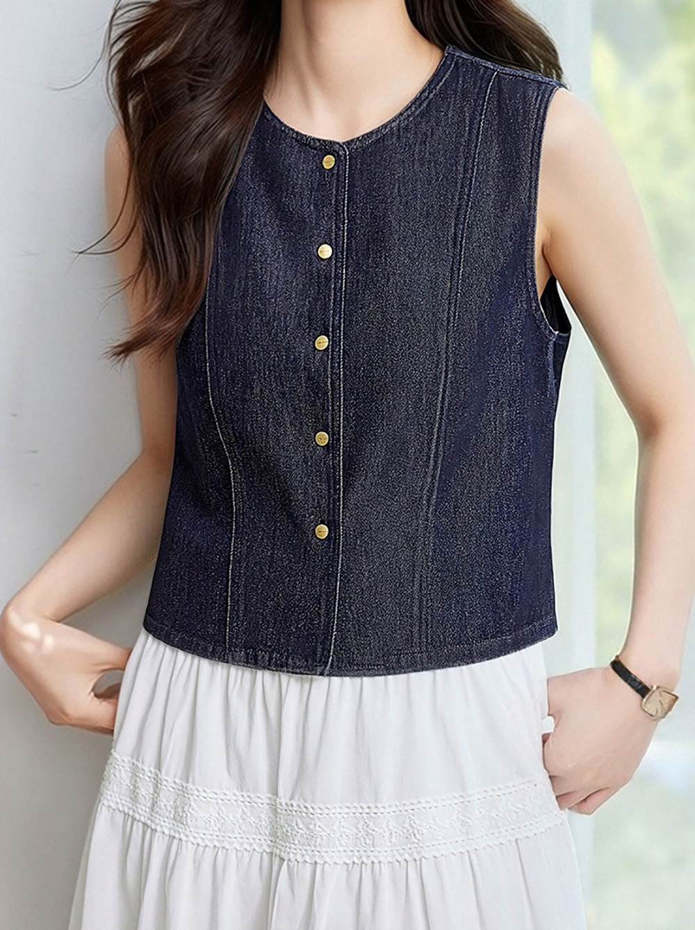 牛仔藍圓領背心外套,evaviva,8C-HV7541,牛仔藍圓領背心外套,領500,999免運