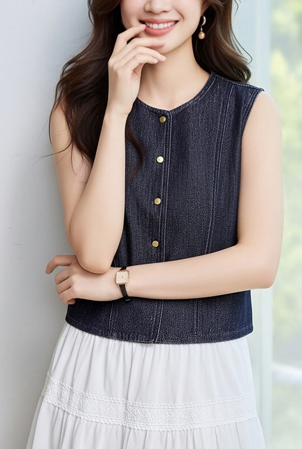 牛仔藍圓領背心外套,evaviva,8C-HV7541,牛仔藍圓領背心外套,領500,999免運