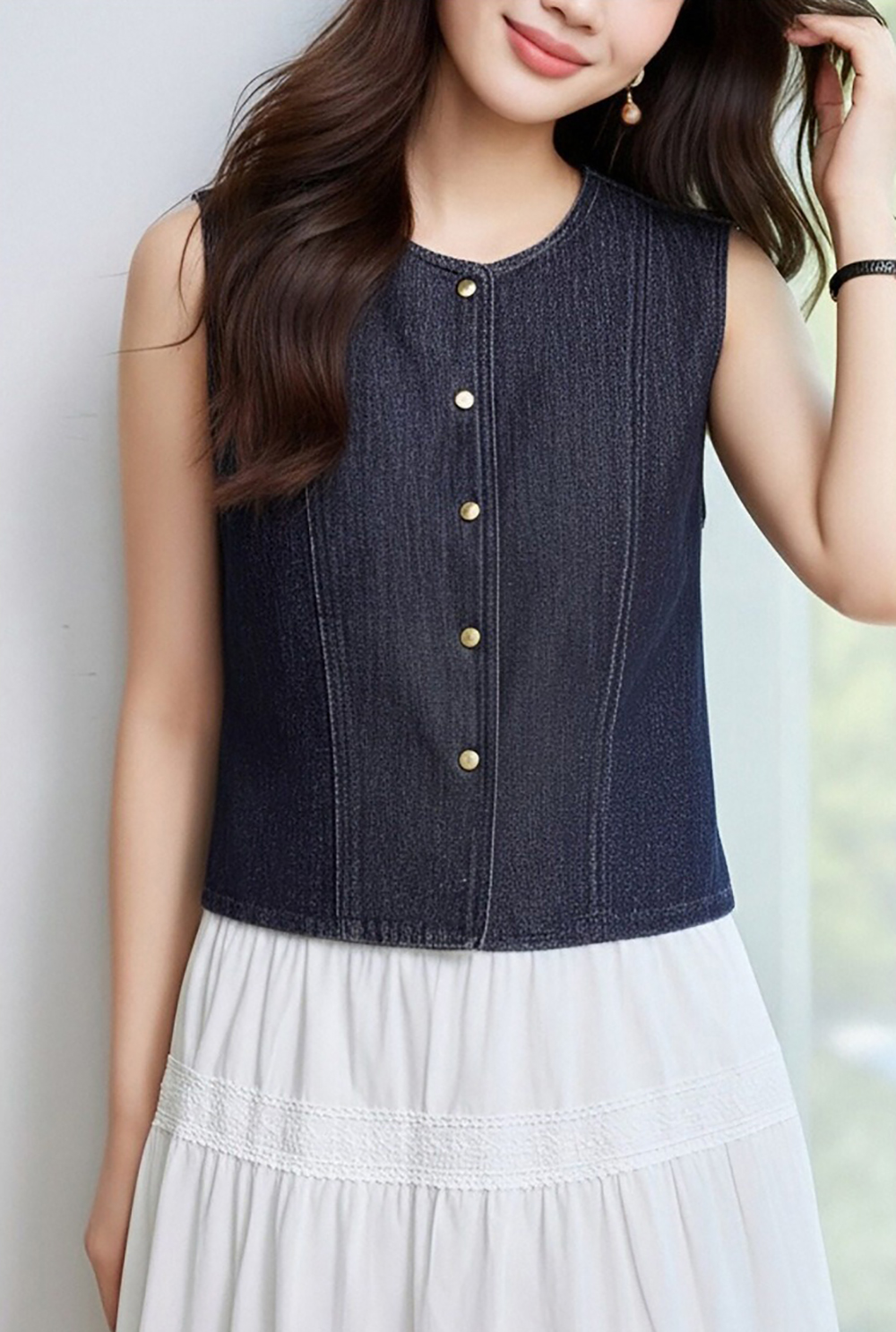 牛仔藍圓領背心外套,evaviva,8C-HV7541,牛仔藍圓領背心外套,領500,999免運