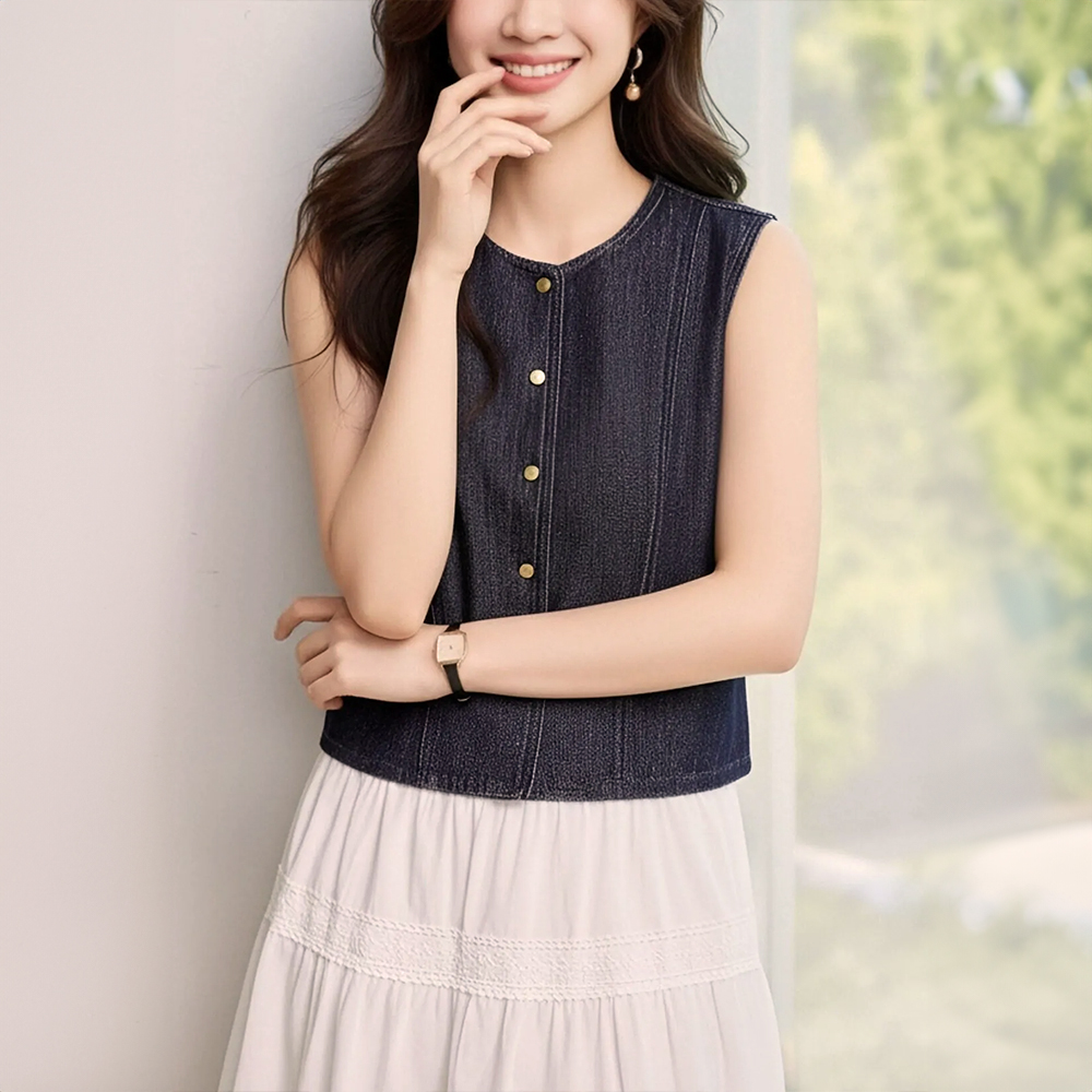 牛仔藍圓領背心外套