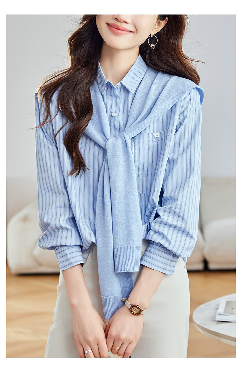 氣質針織披肩條紋襯衫,evaviva,8C-HV7542,氣質針織披肩條紋襯衫,領500,999免運