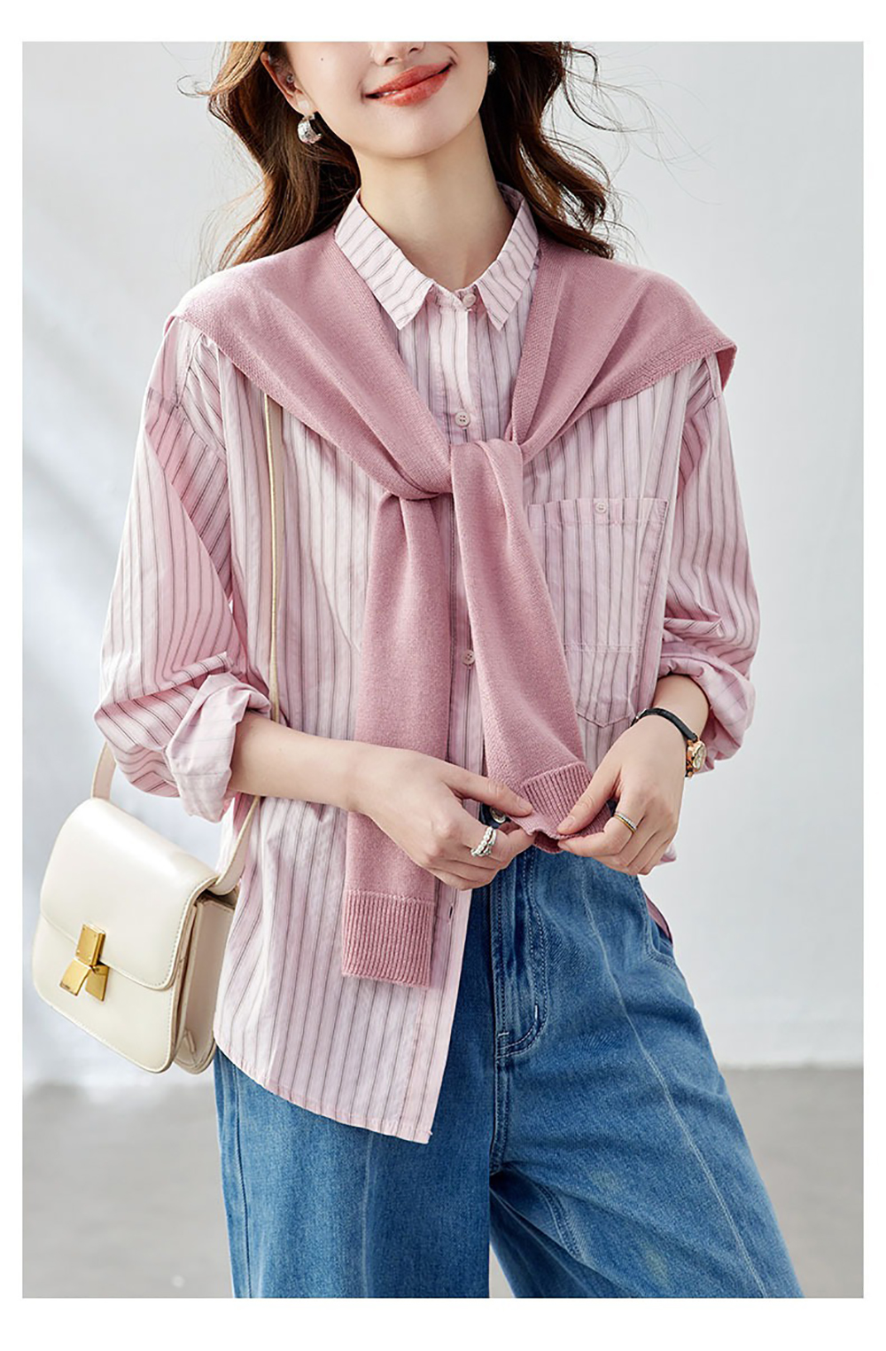 氣質針織披肩條紋襯衫,evaviva,8C-HV7542,氣質針織披肩條紋襯衫,領500,999免運