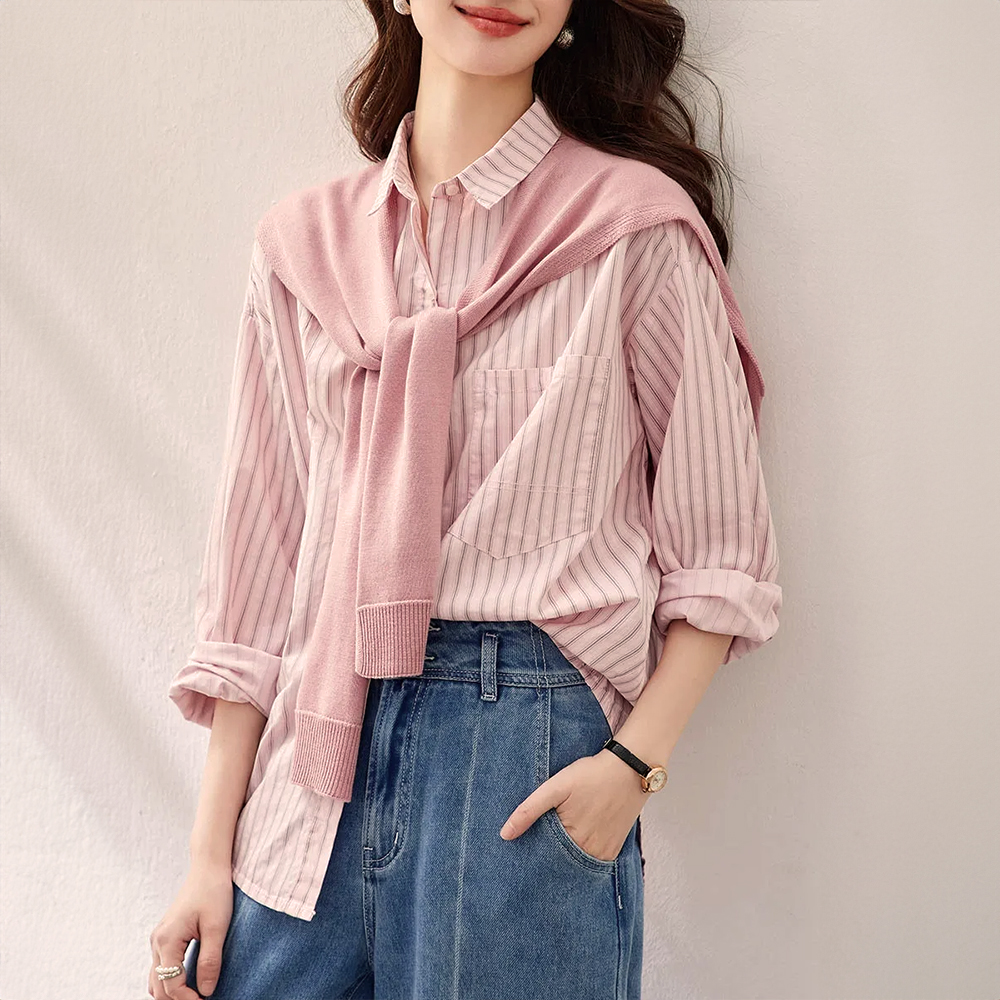 氣質針織披肩條紋襯衫