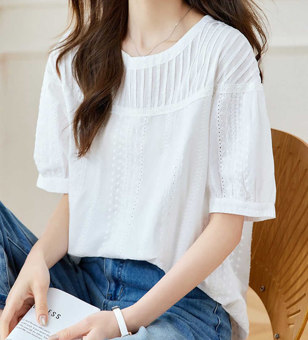 百摺設計刺繡圓領襯衫,evaviva,8C-HV7543,百摺設計刺繡圓領襯衫,領500,999免運