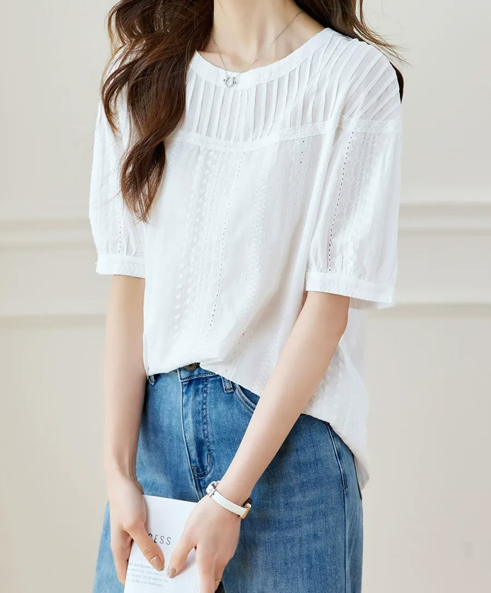 百摺設計刺繡圓領襯衫,evaviva,8C-HV7543,百摺設計刺繡圓領襯衫,領500,999免運
