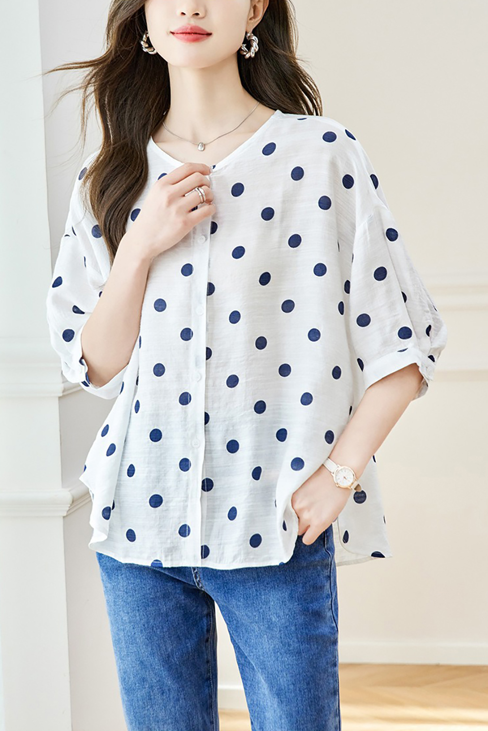 波點印花寬鬆圓領襯衫,evaviva,8C-HV7544,波點印花寬鬆圓領襯衫,領500,999免運