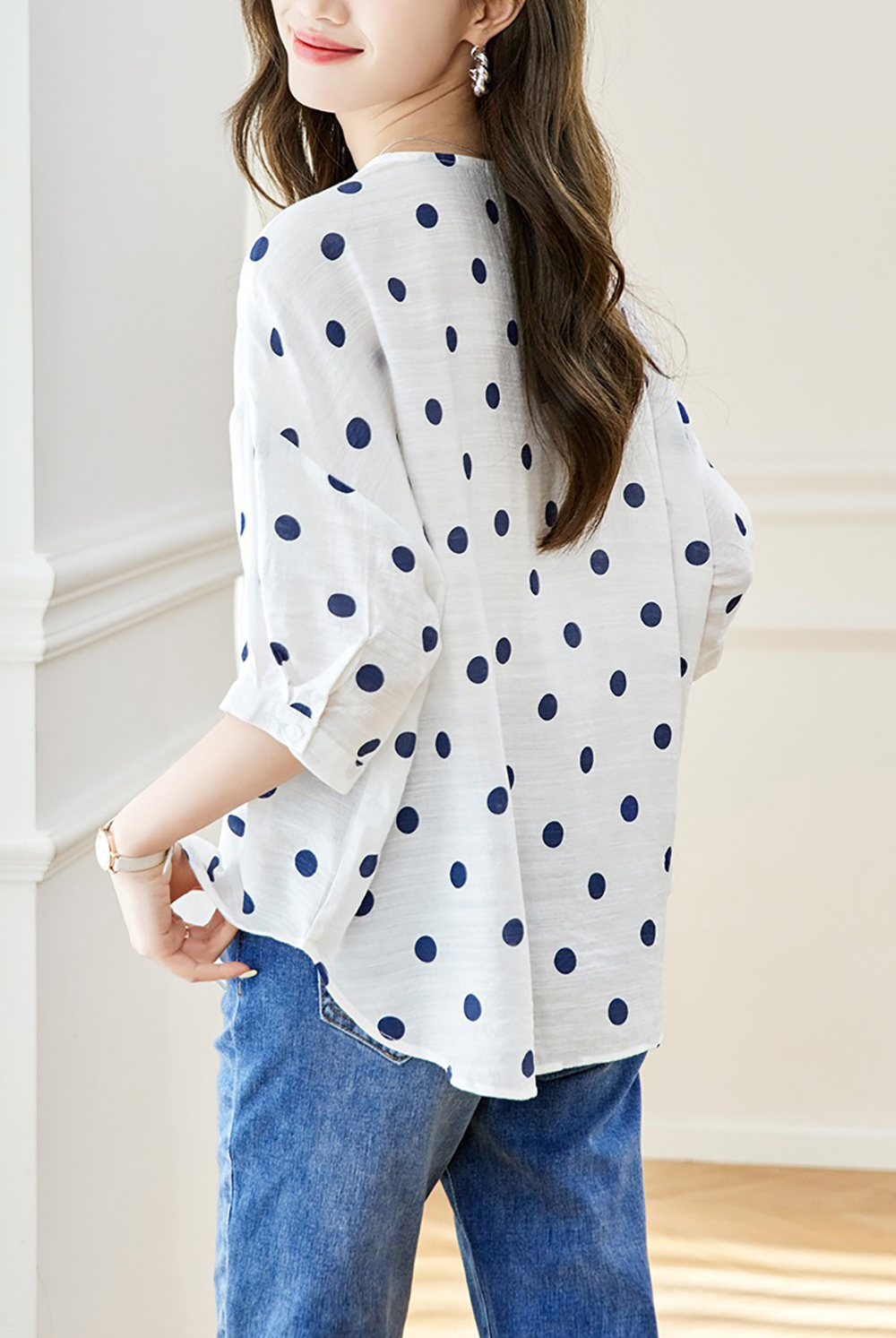 波點印花寬鬆圓領襯衫,evaviva,8C-HV7544,波點印花寬鬆圓領襯衫,領500,999免運