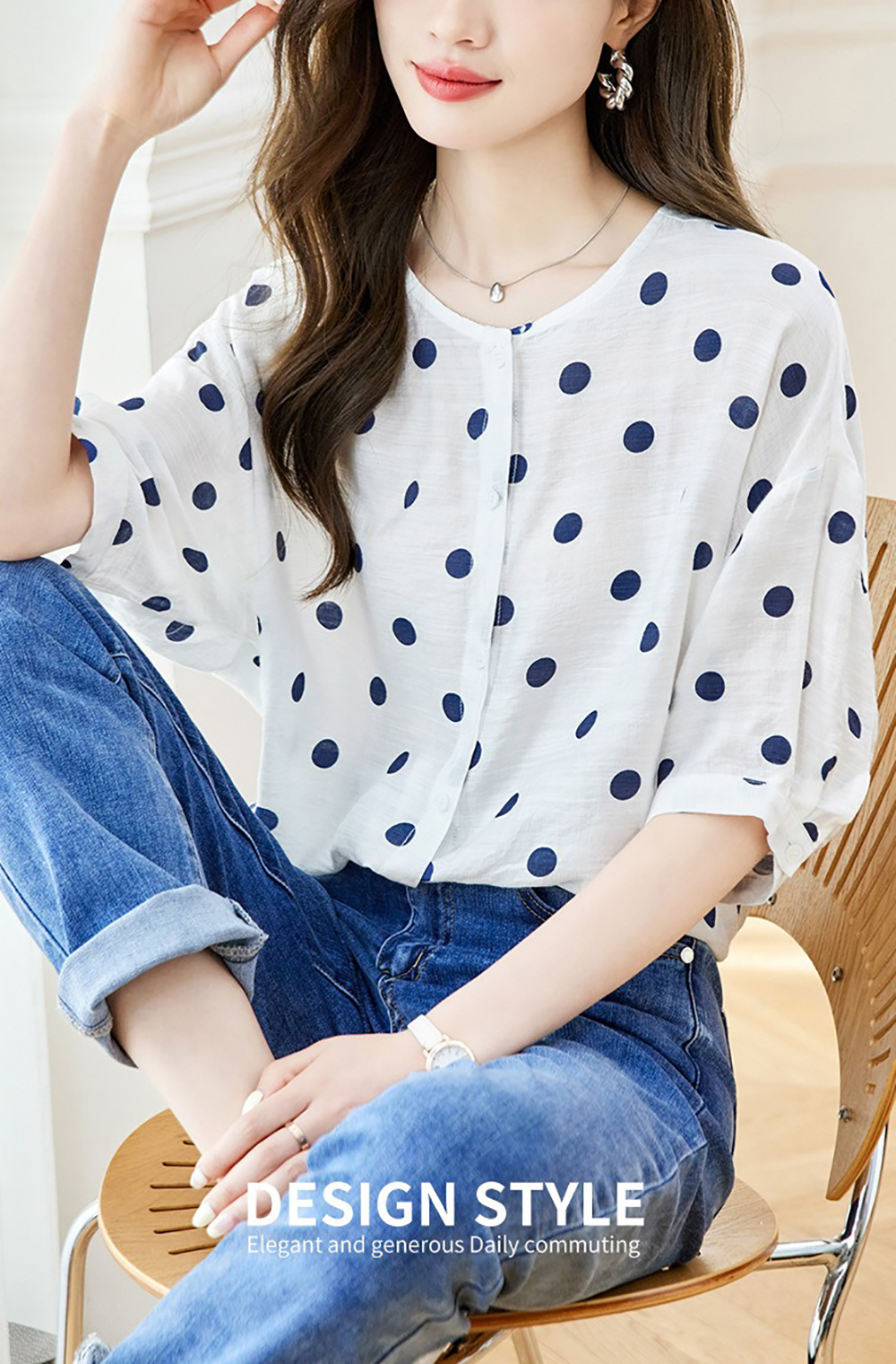 波點印花寬鬆圓領襯衫,evaviva,8C-HV7544,波點印花寬鬆圓領襯衫,領500,999免運