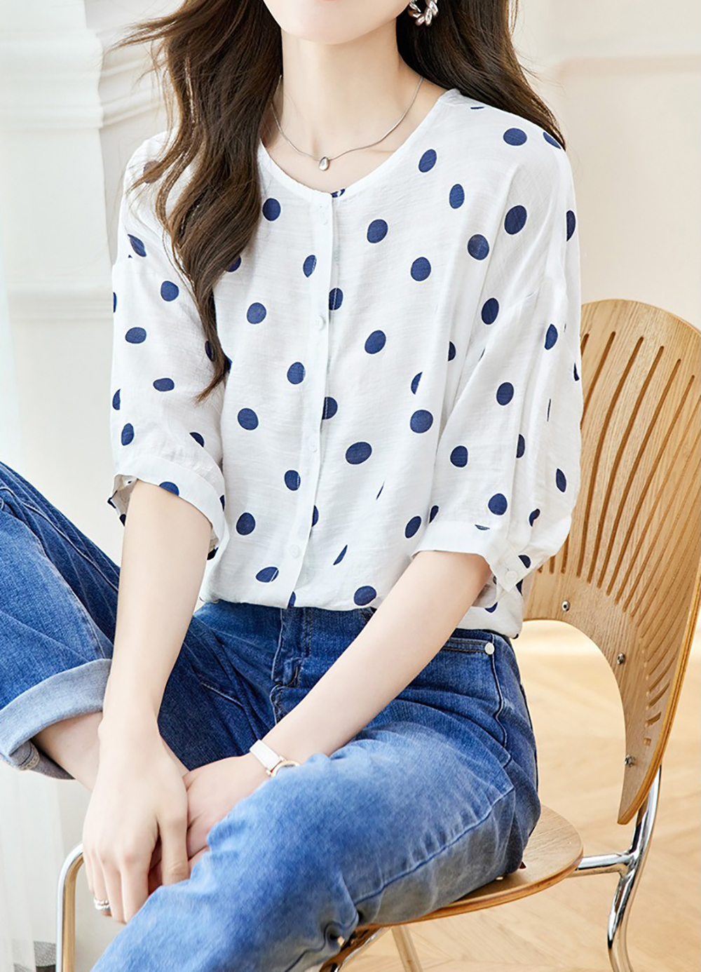 波點印花寬鬆圓領襯衫,evaviva,8C-HV7544,波點印花寬鬆圓領襯衫,領500,999免運