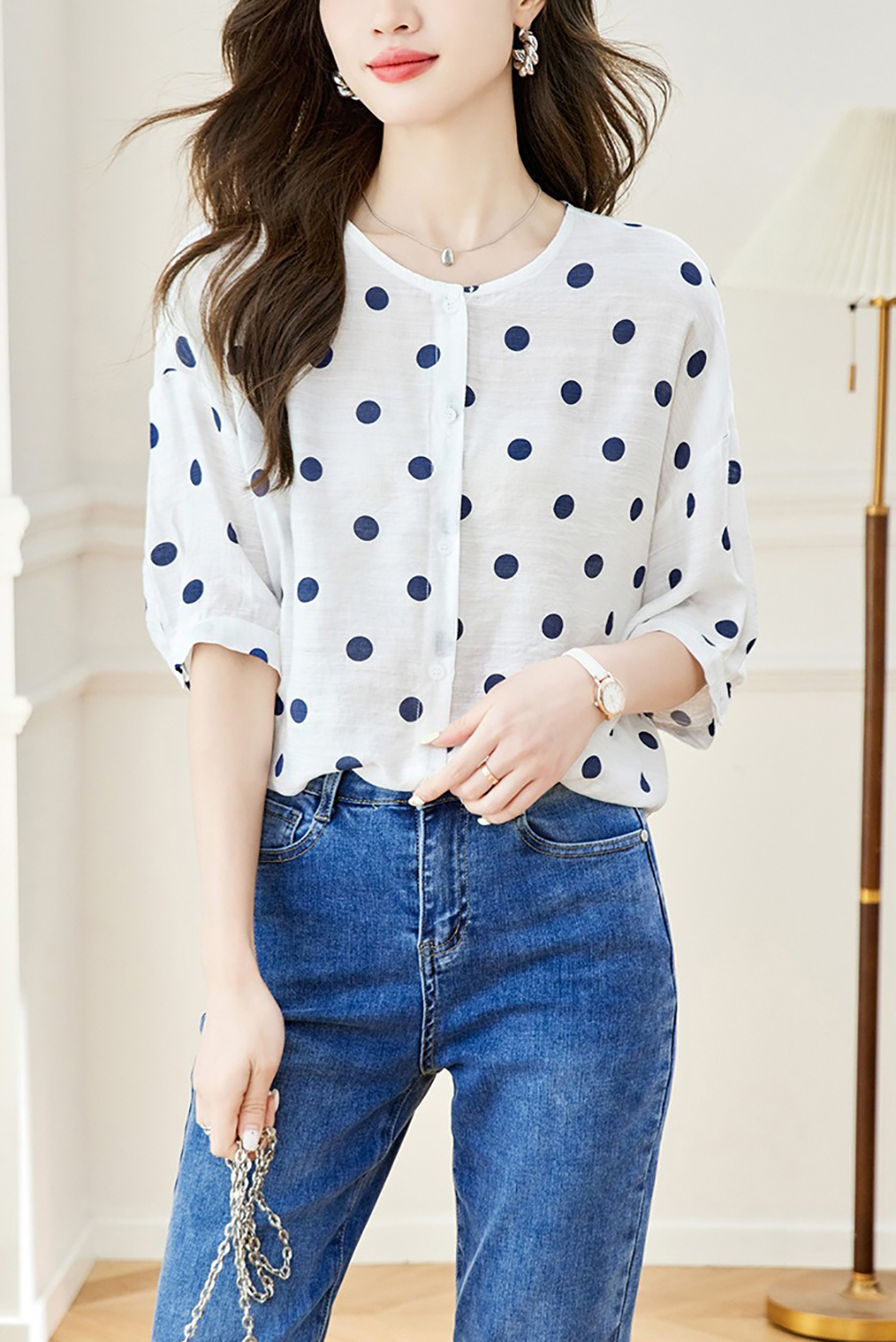 波點印花寬鬆圓領襯衫,evaviva,8C-HV7544,波點印花寬鬆圓領襯衫,領500,999免運