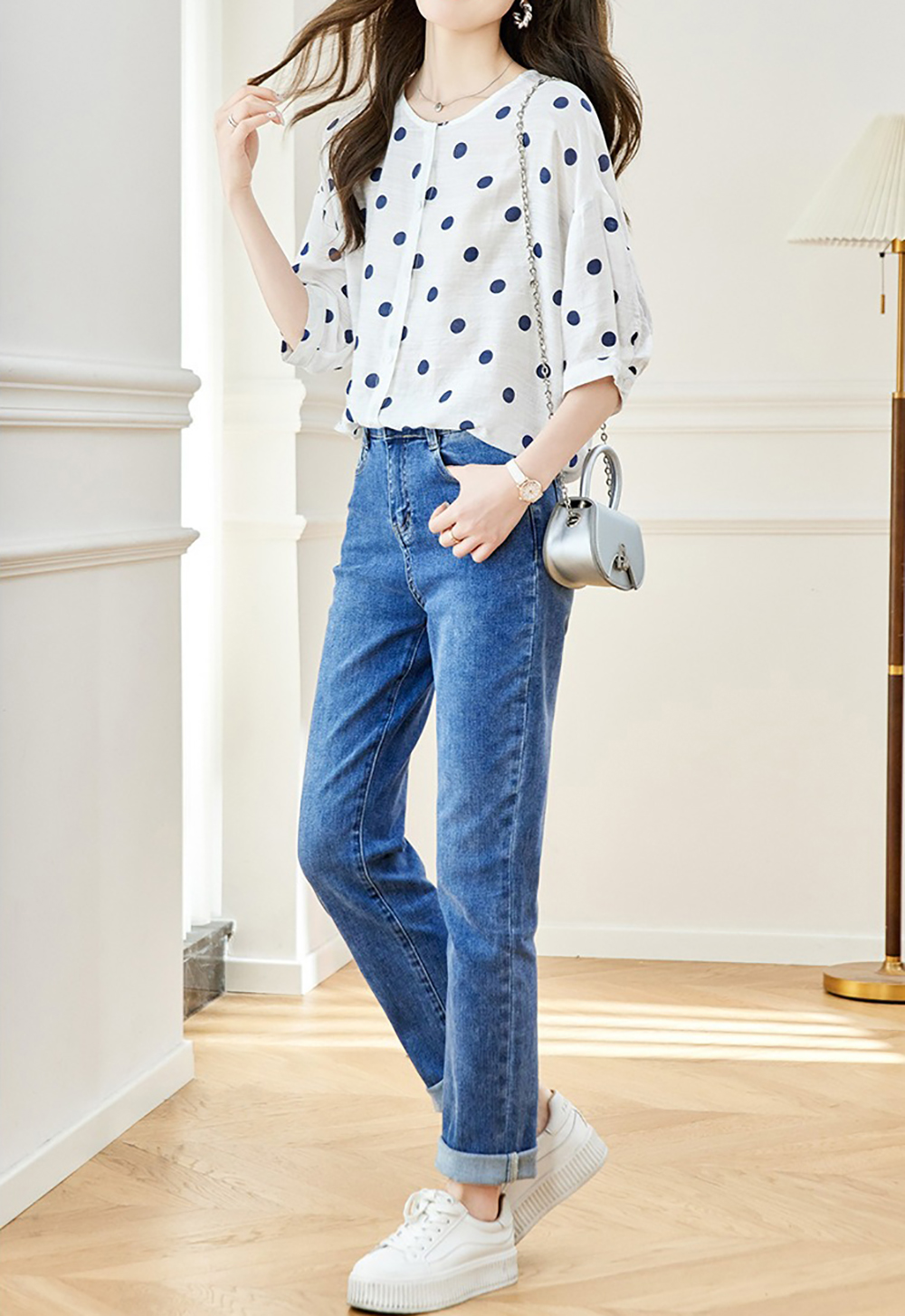 波點印花寬鬆圓領襯衫,evaviva,8C-HV7544,波點印花寬鬆圓領襯衫,領500,999免運