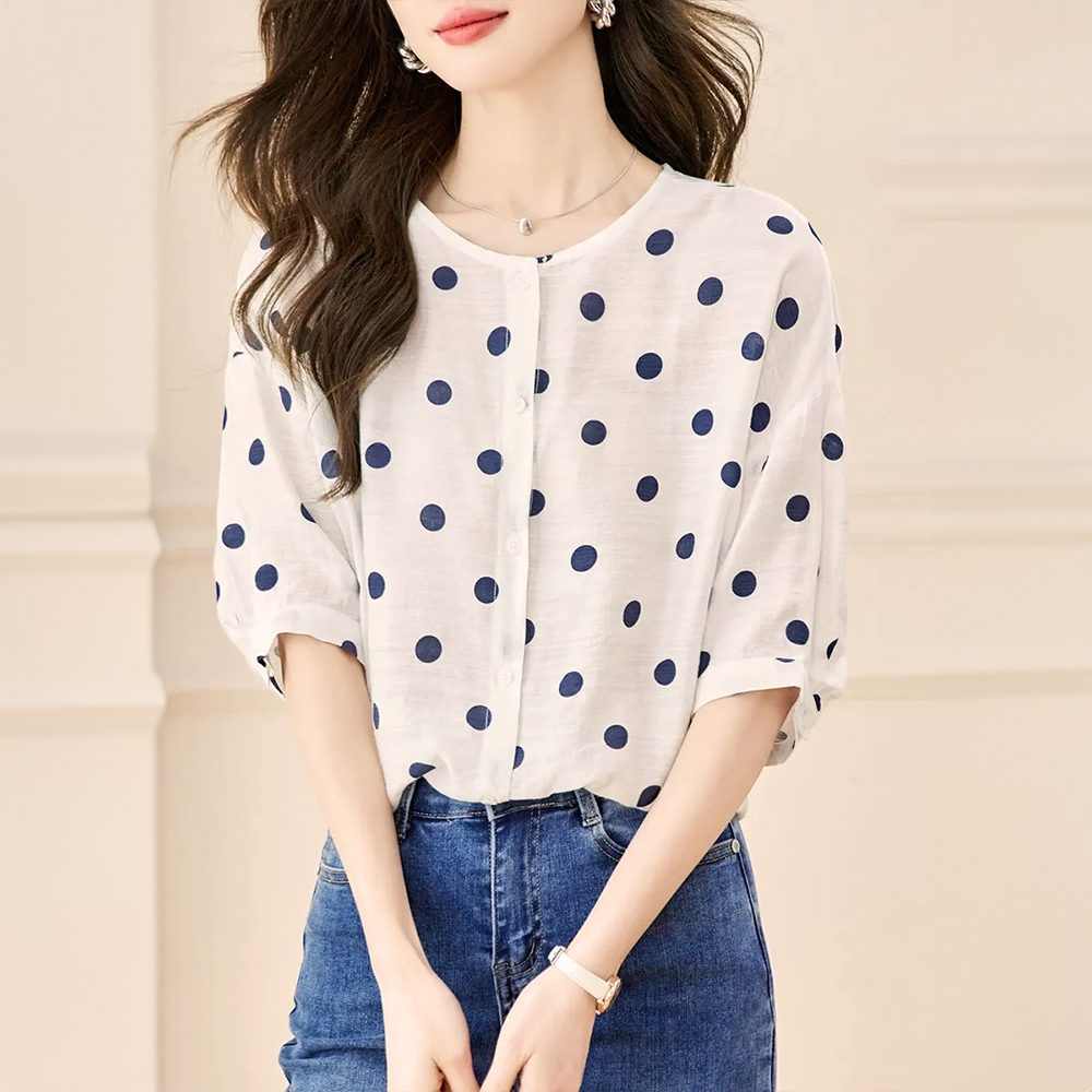 波點印花寬鬆圓領襯衫