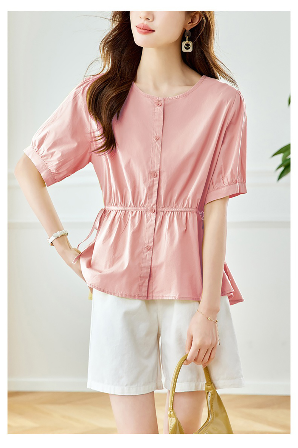 側綁帶純色圓領襯衫,evaviva,8C-HV7545,側綁帶純色圓領襯衫,領500,999免運