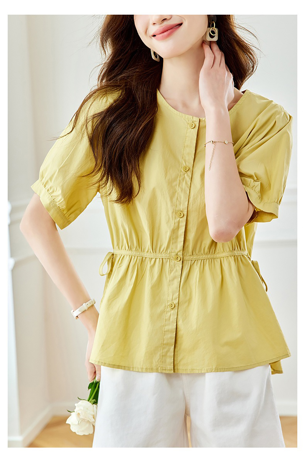 側綁帶純色圓領襯衫,evaviva,8C-HV7545,側綁帶純色圓領襯衫,領500,999免運