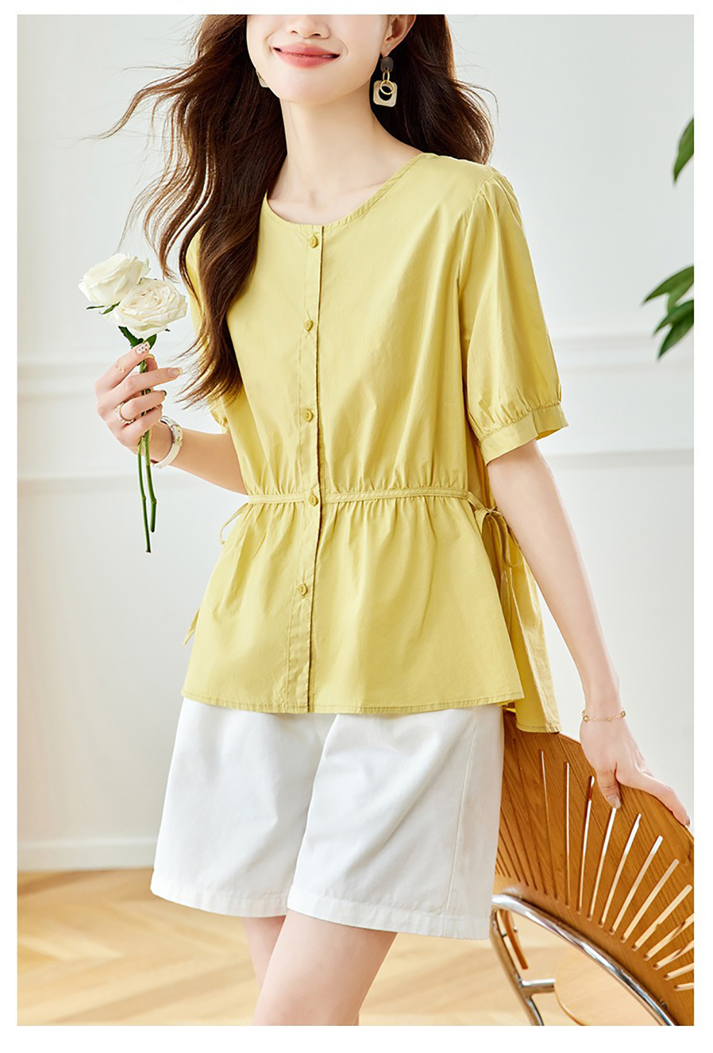 側綁帶純色圓領襯衫,evaviva,8C-HV7545,側綁帶純色圓領襯衫,領500,999免運